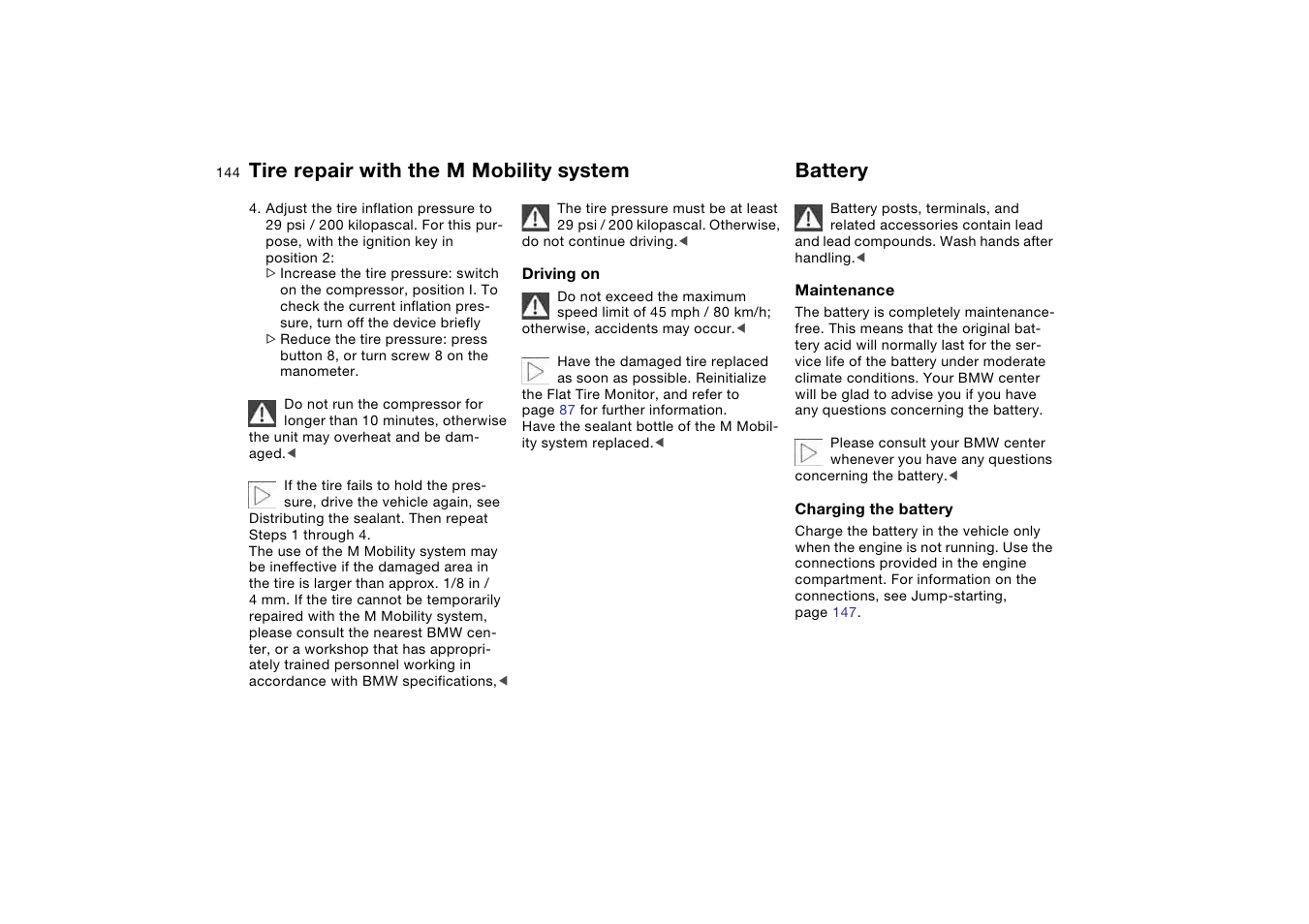 Battery, Tire repair with the m mobility system | BMW M3 Convertible 2006 User Manual | Page 144 / 174