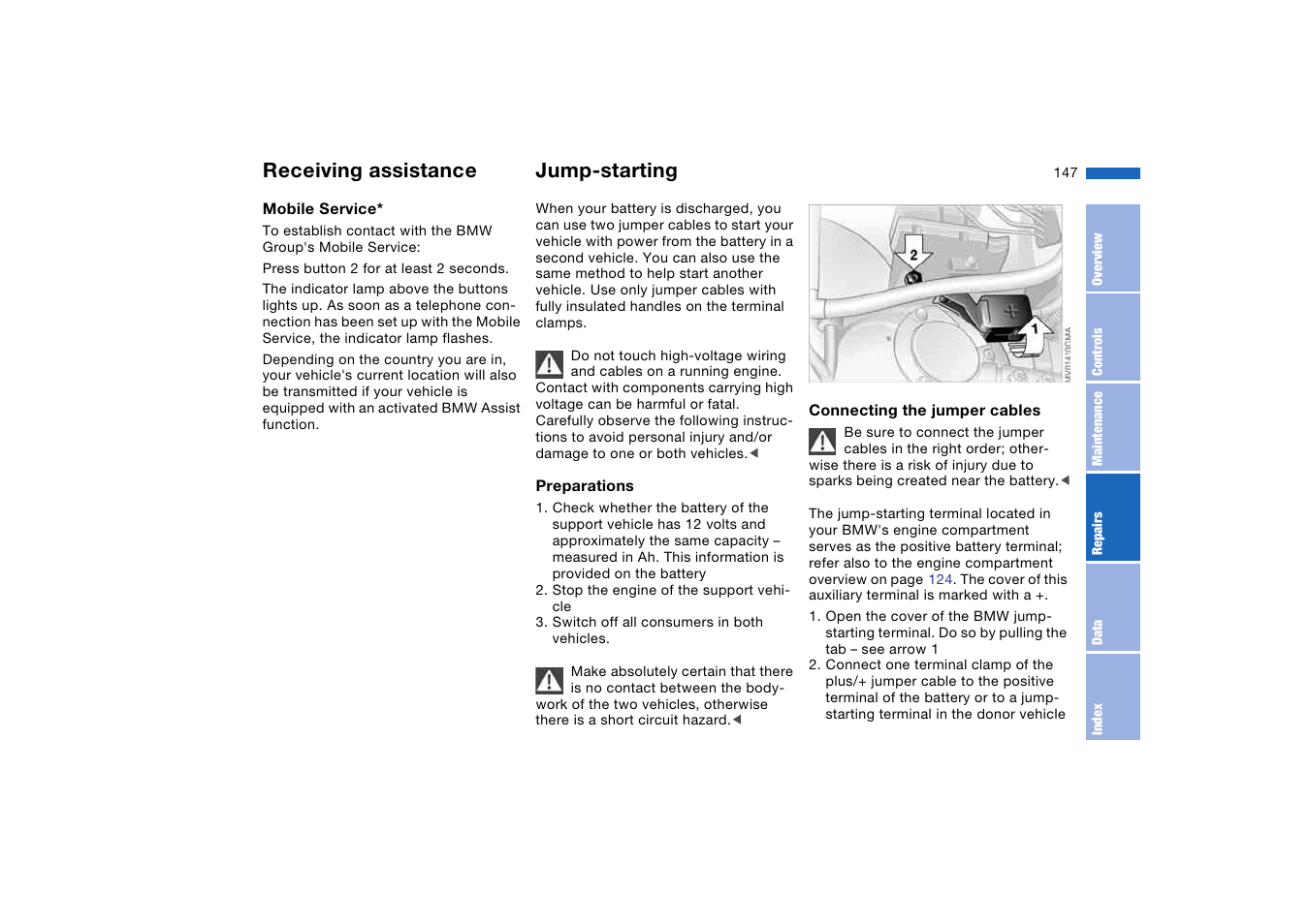 Jump-starting, Mobile service, Receiving assistance | BMW M3 Convertible 2006 User Manual | Page 147 / 174