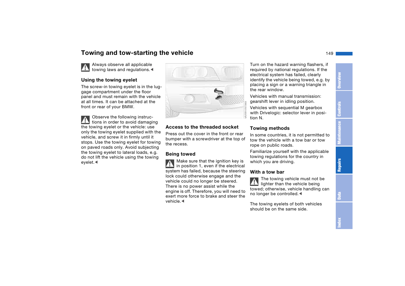 Towing and tow-starting the vehicle, Towing and tow-starting the, Vehicle | BMW M3 Convertible 2006 User Manual | Page 149 / 174