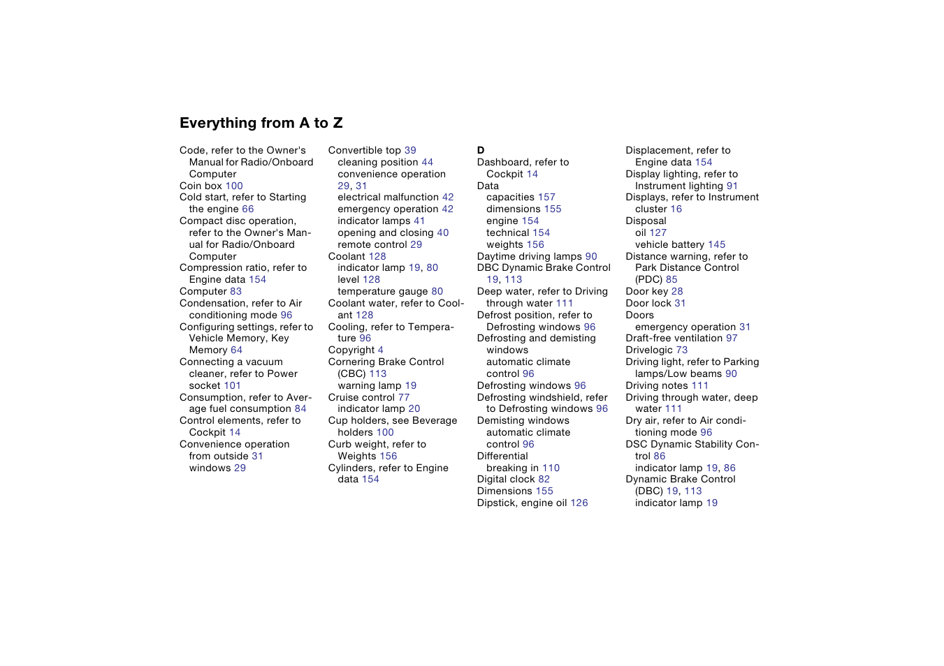 Everything from a to z | BMW M3 Convertible 2006 User Manual | Page 162 / 174