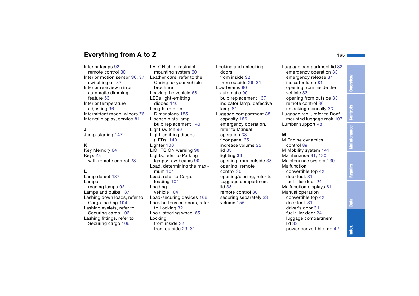 Everything from a to z | BMW M3 Convertible 2006 User Manual | Page 165 / 174