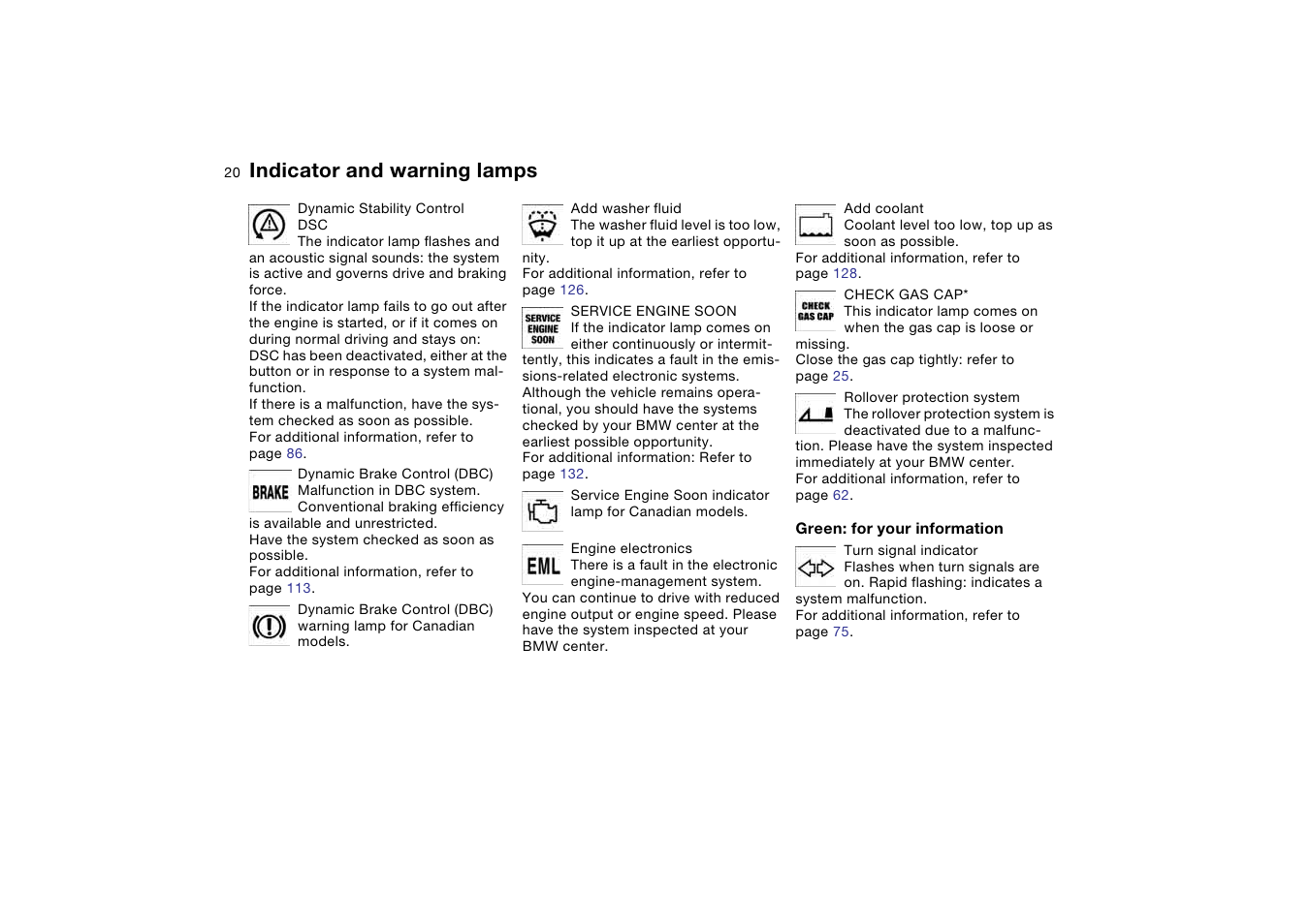 Turn signal indicator, Indicator and warning lamps | BMW M3 Convertible 2006 User Manual | Page 20 / 174