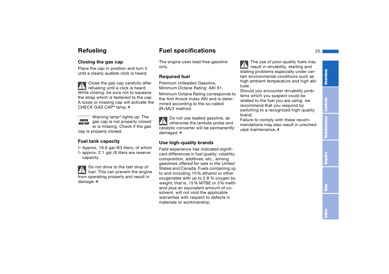 Fuel specifications, Refueling | BMW M3 Convertible 2006 User Manual | Page 25 / 174