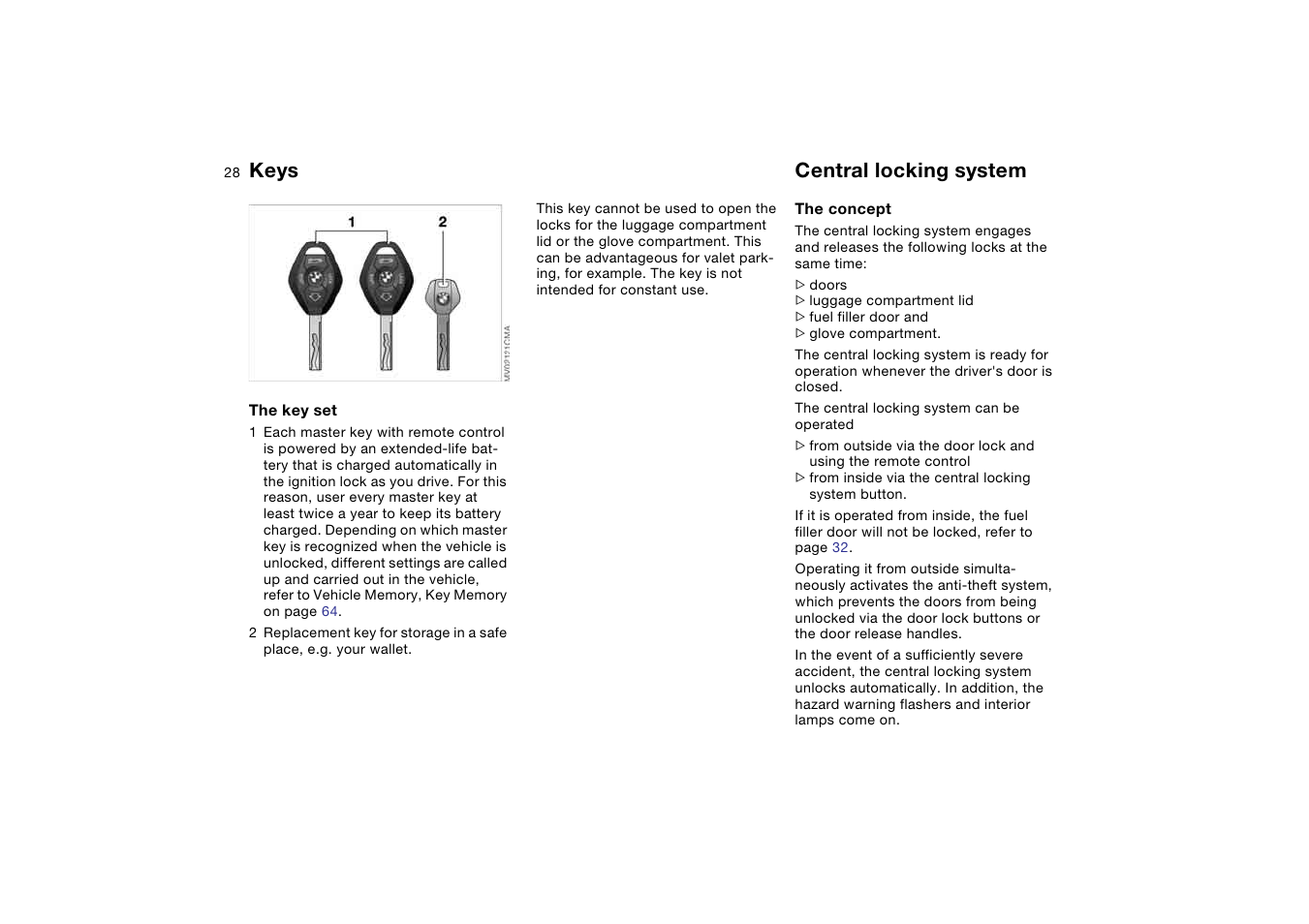 Opening and closing, Keys, Central locking system | BMW M3 Convertible 2006 User Manual | Page 28 / 174