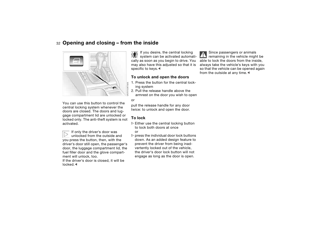 Opening and closing – from the inside, Opening and closing – from the, Inside | BMW M3 Convertible 2006 User Manual | Page 32 / 174