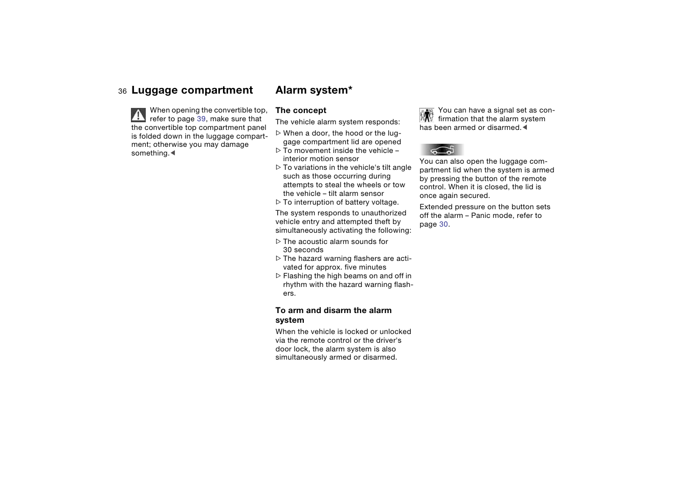 Alarm system, Luggage compartment | BMW M3 Convertible 2006 User Manual | Page 36 / 174