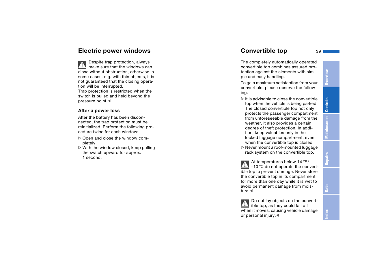 Convertible top, Electric power windows | BMW M3 Convertible 2006 User Manual | Page 39 / 174