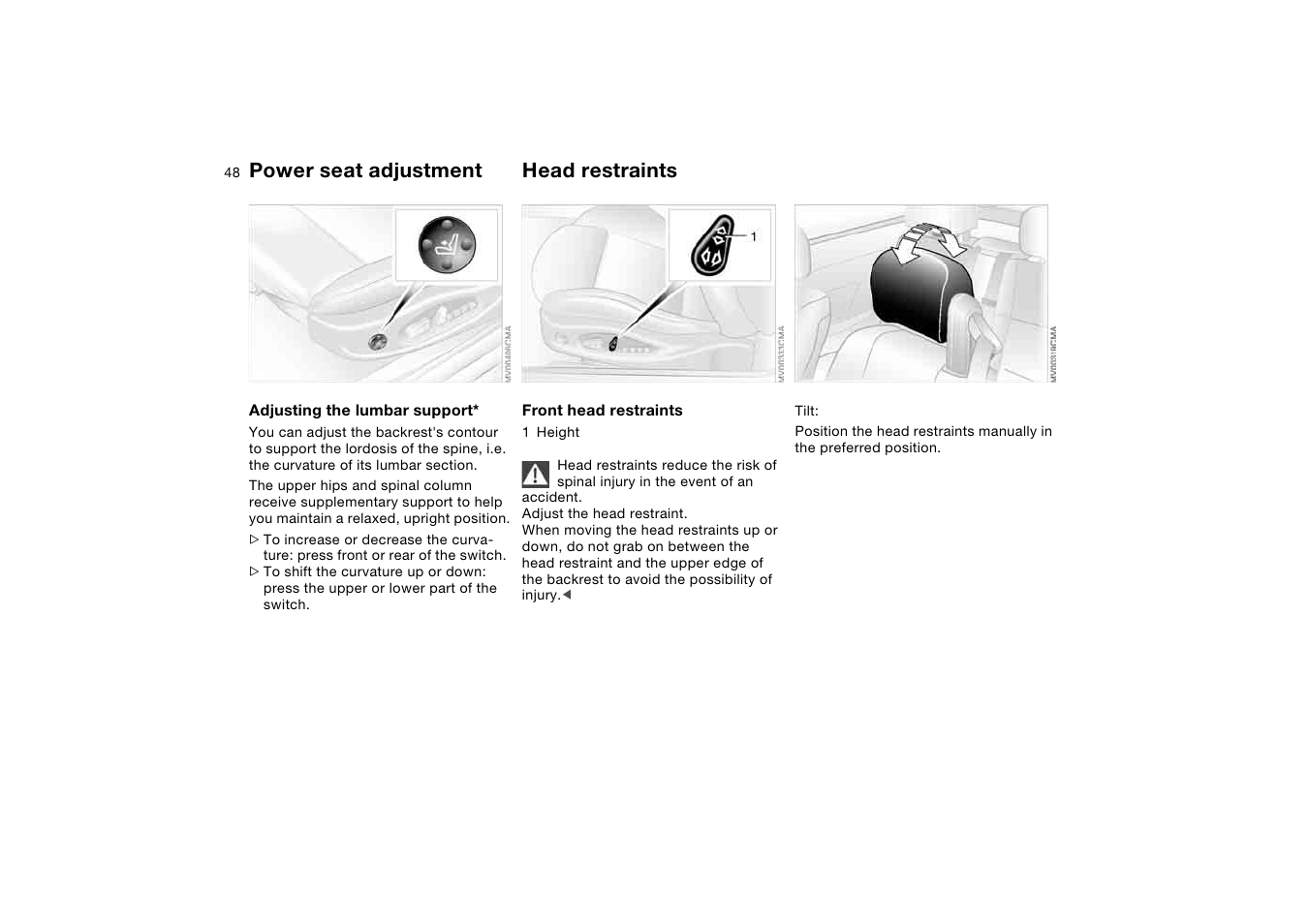 Head restraints, Power seat adjustment | BMW M3 Convertible 2006 User Manual | Page 48 / 174