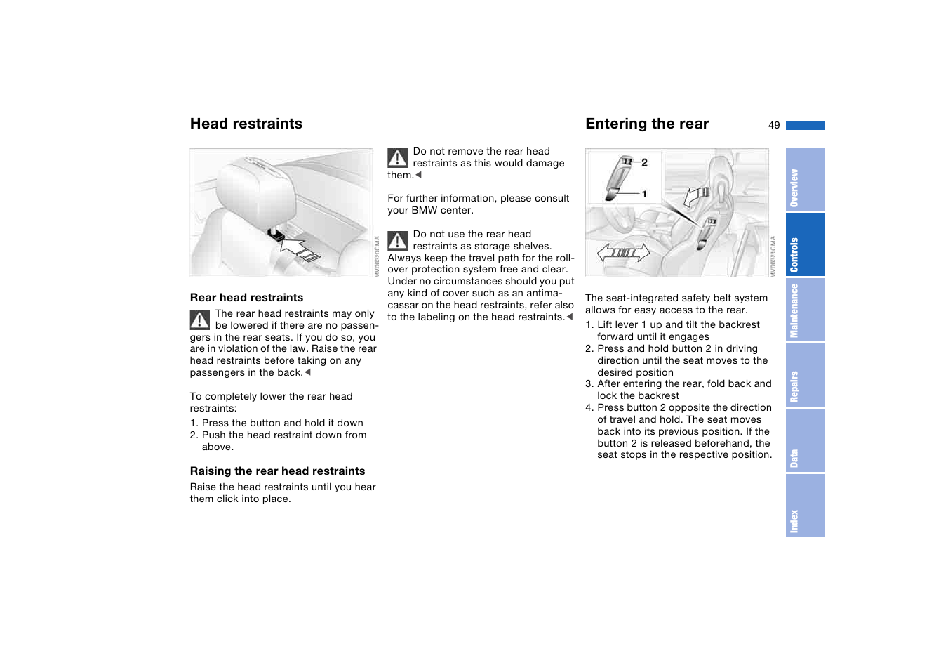 Entering the rear, Head restraints | BMW M3 Convertible 2006 User Manual | Page 49 / 174