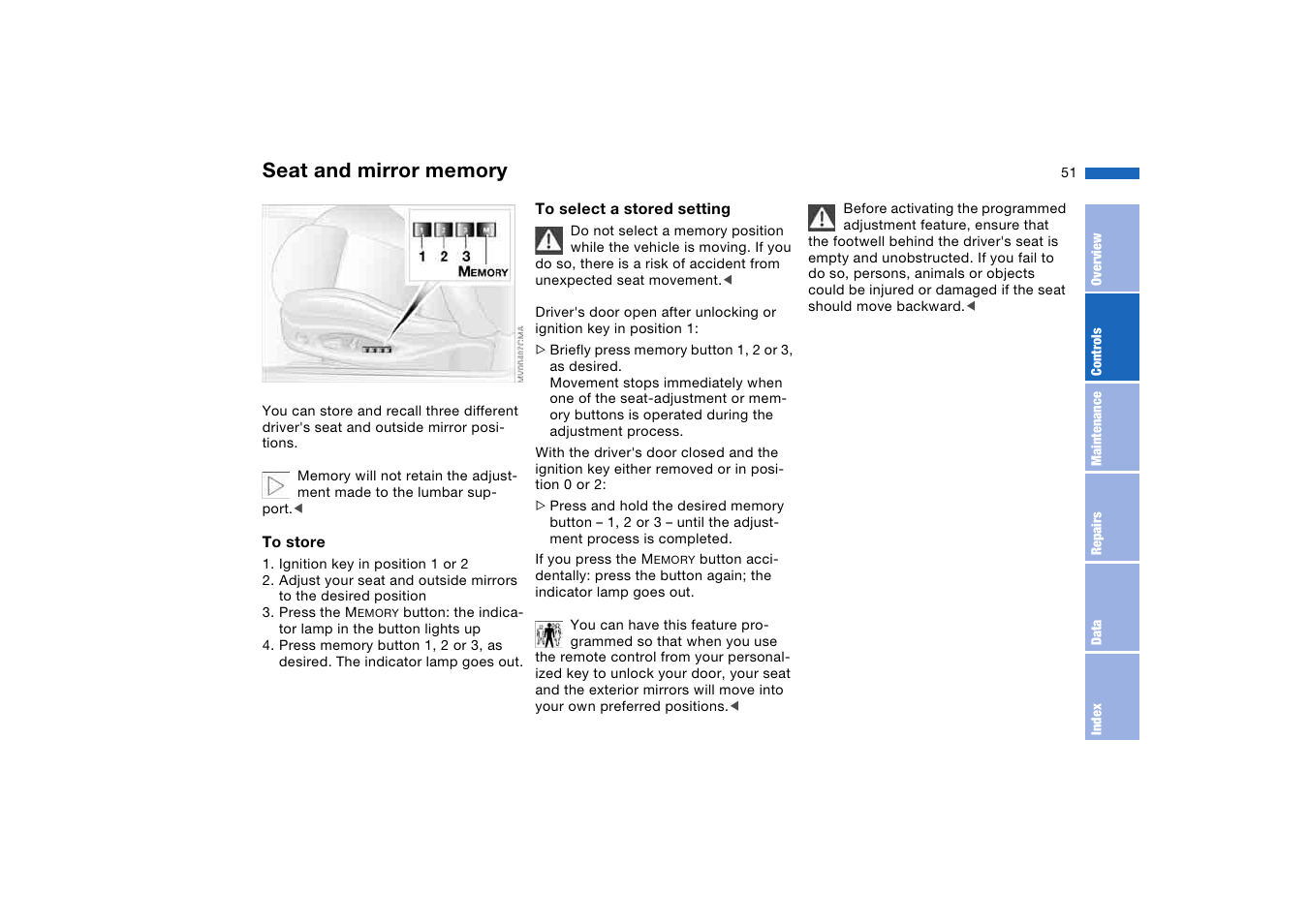 Seat and mirror memory | BMW M3 Convertible 2006 User Manual | Page 51 / 174