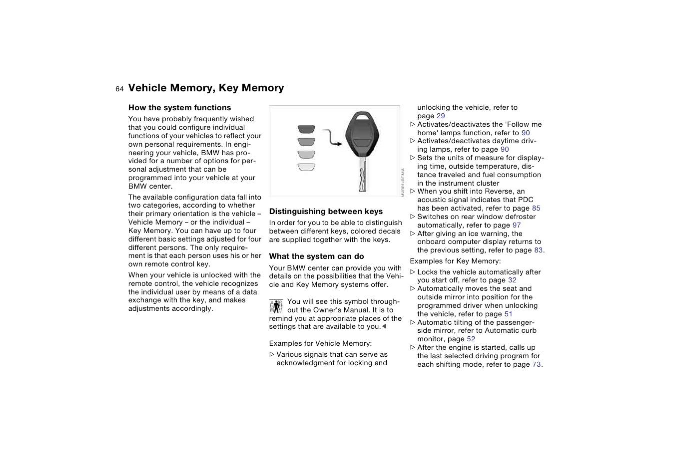 Vehicle memory, key memory, Vehicle memory, key, Memory | BMW M3 Convertible 2006 User Manual | Page 64 / 174