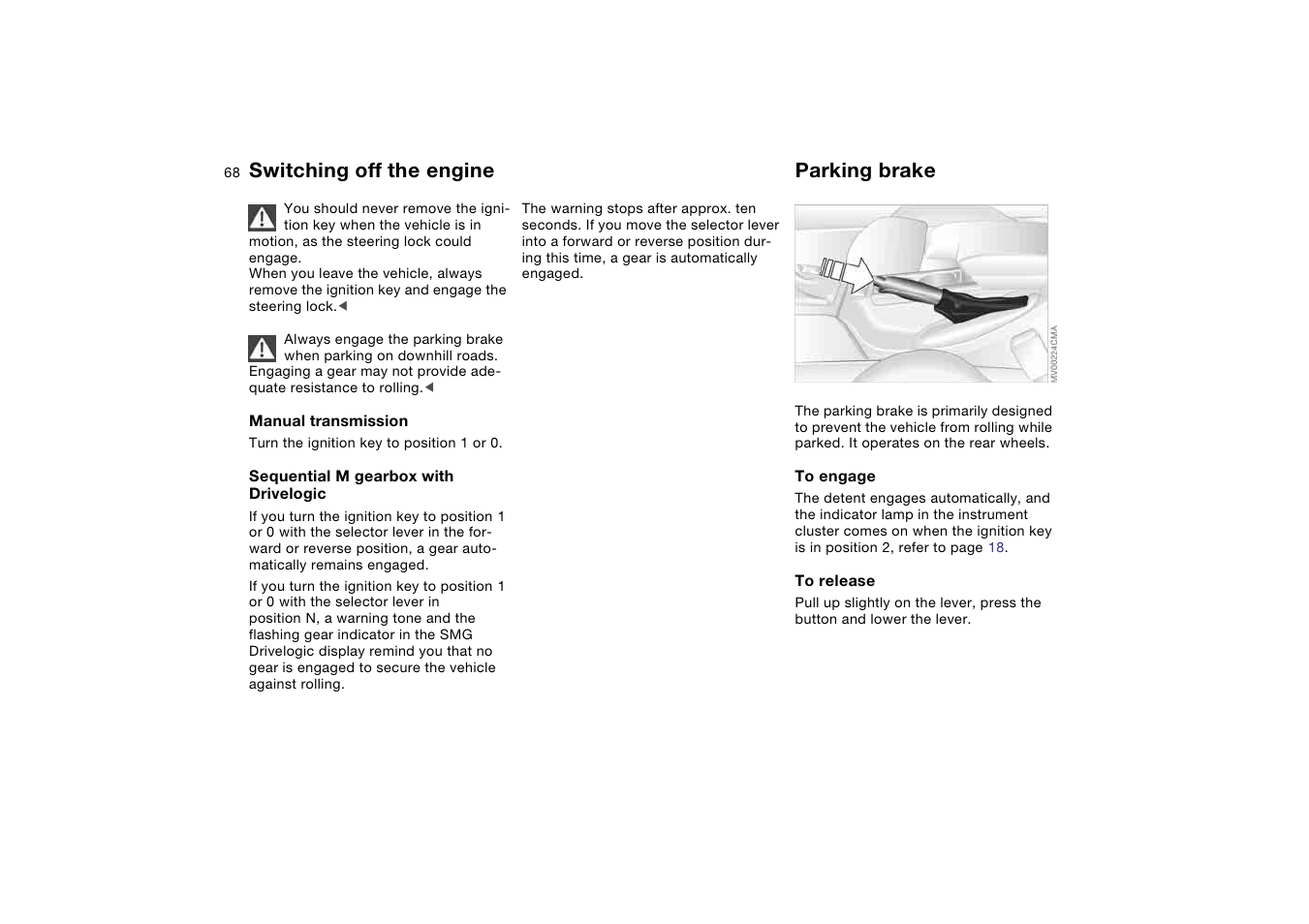 Switching off the engine, Parking brake | BMW M3 Convertible 2006 User Manual | Page 68 / 174