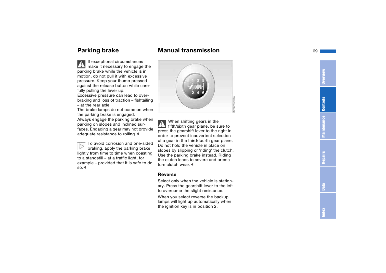 Manual transmission, Parking brake | BMW M3 Convertible 2006 User Manual | Page 69 / 174