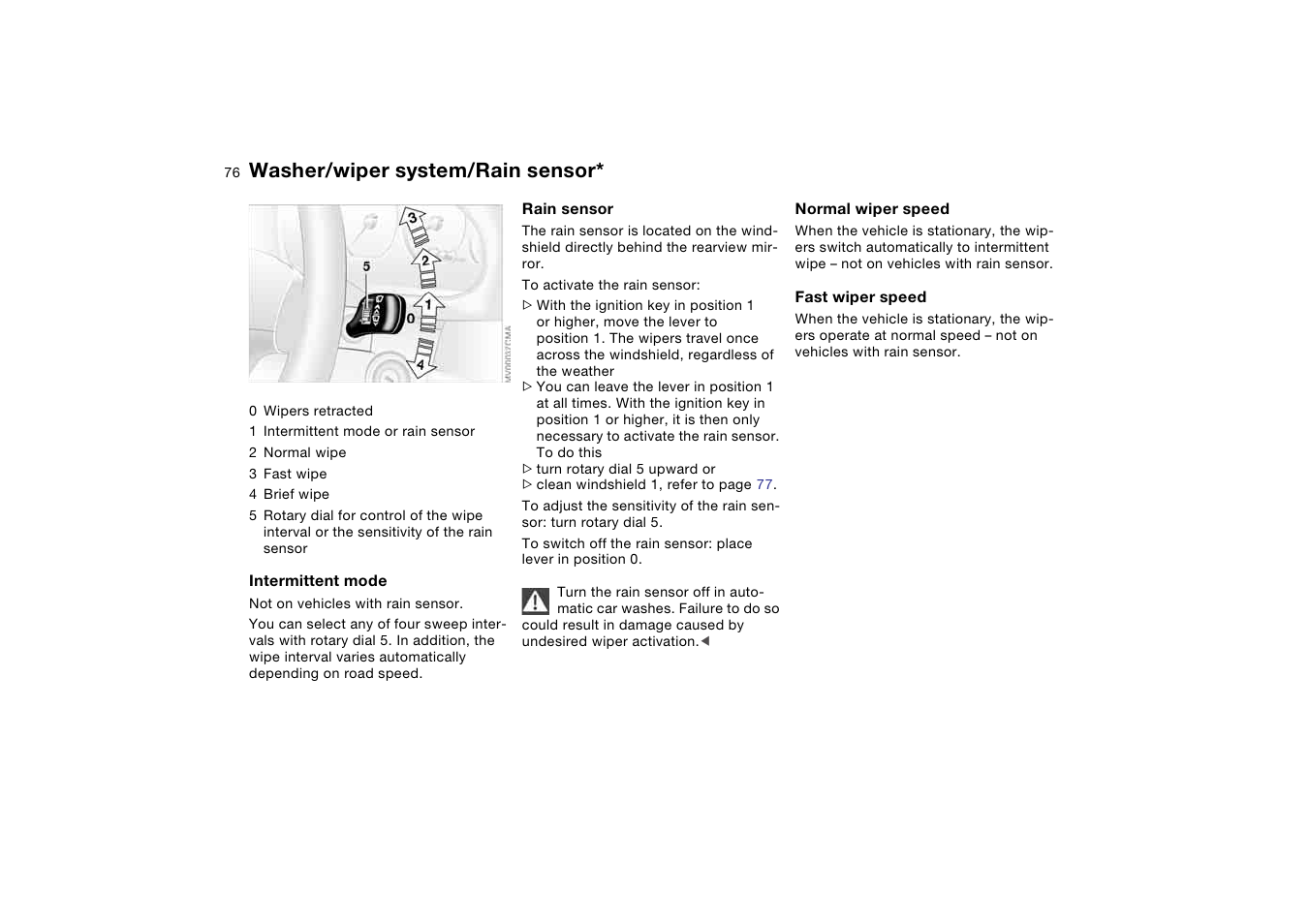 Washer/wiper system, Washer/wiper system/rain, Sensor | Washer/wiper system/rain sensor | BMW M3 Convertible 2006 User Manual | Page 76 / 174