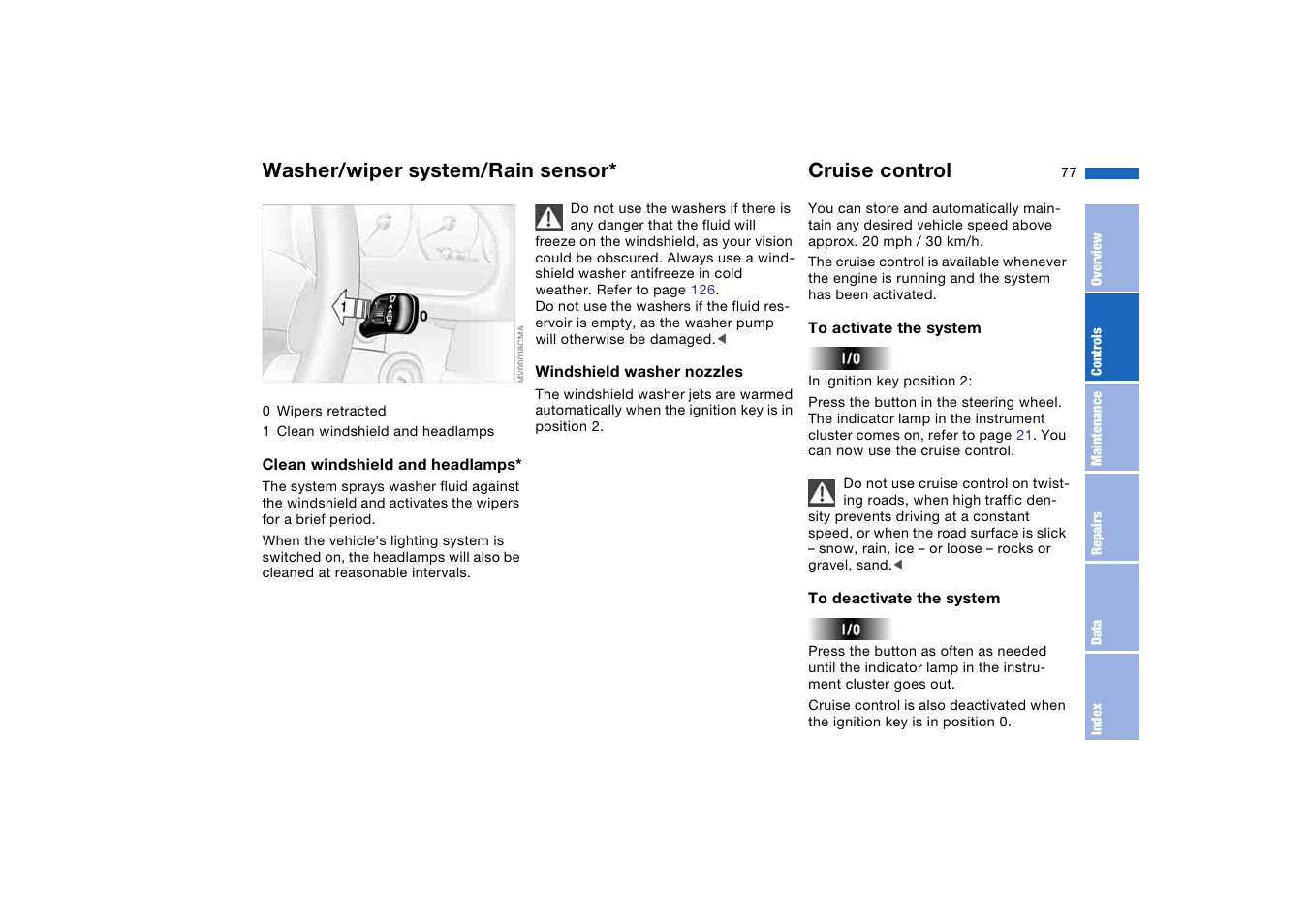 Cruise control, Washer/wiper system/rain sensor | BMW M3 Convertible 2006 User Manual | Page 77 / 174