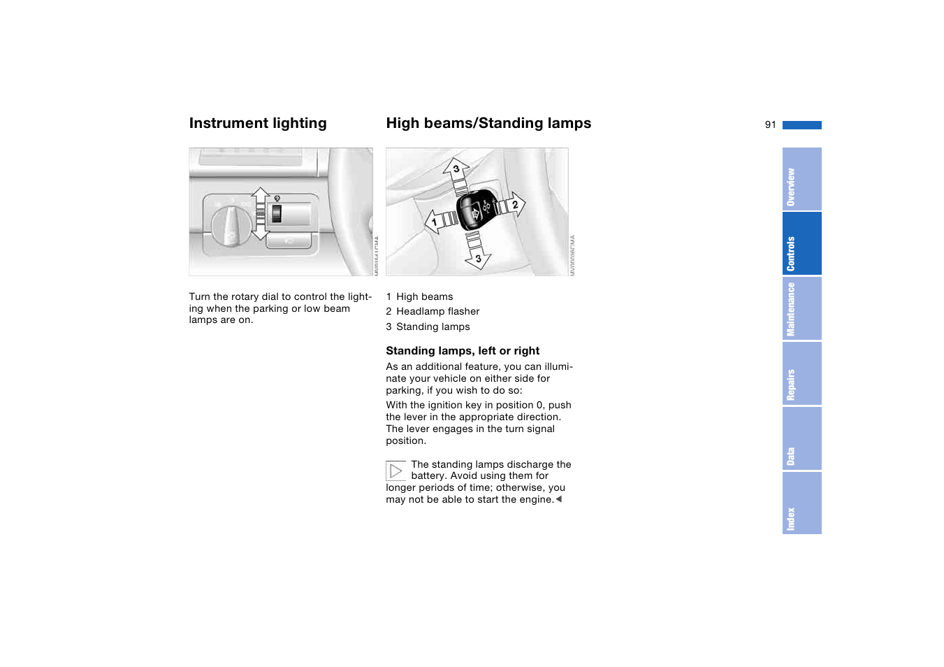 Instrument lighting, High beams/standing lamps | BMW M3 Convertible 2006 User Manual | Page 91 / 174