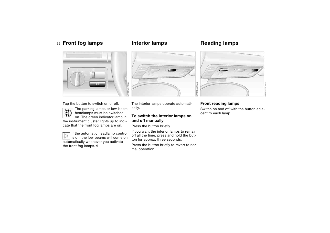 Front fog lamps, Interior lamps, Reading lamps | Fog lamps | BMW M3 Convertible 2006 User Manual | Page 92 / 174