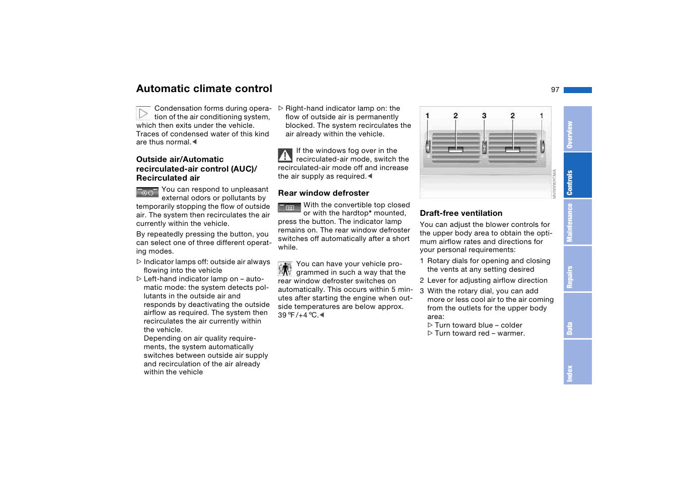 Rear window defroster, Air for the upper body area, Automatic climate control | BMW M3 Convertible 2006 User Manual | Page 97 / 174