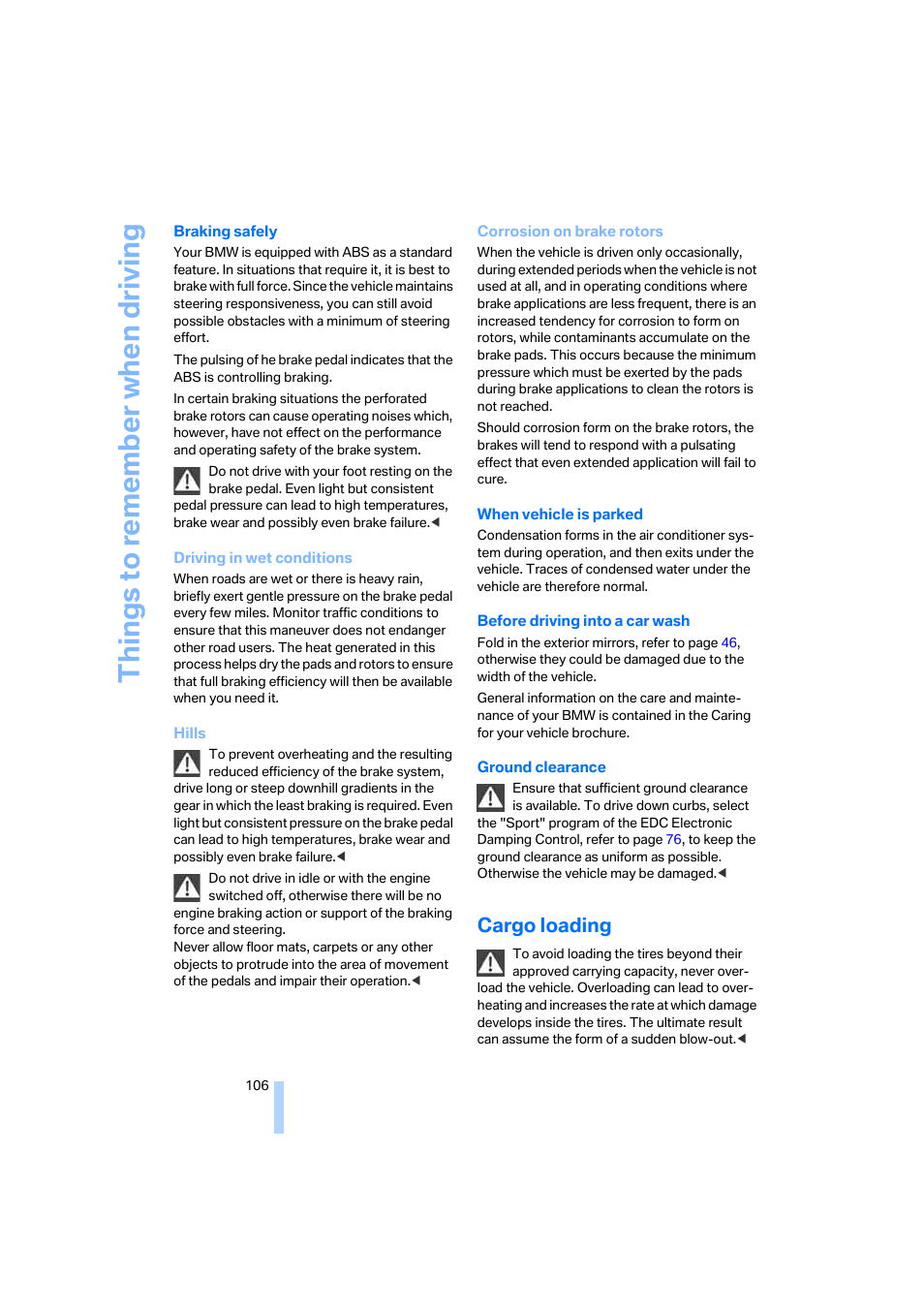 Cargo loading, Braking safely, Things to re memb er when driving | BMW M5 Sedan 2006 User Manual | Page 108 / 231