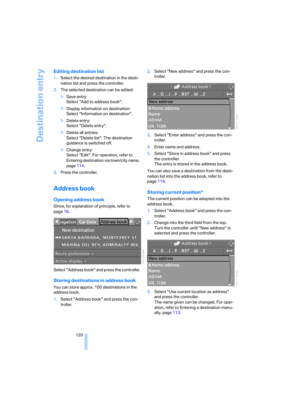 Address book, Destination entry | BMW M5 Sedan 2006 User Manual | Page 122 / 231