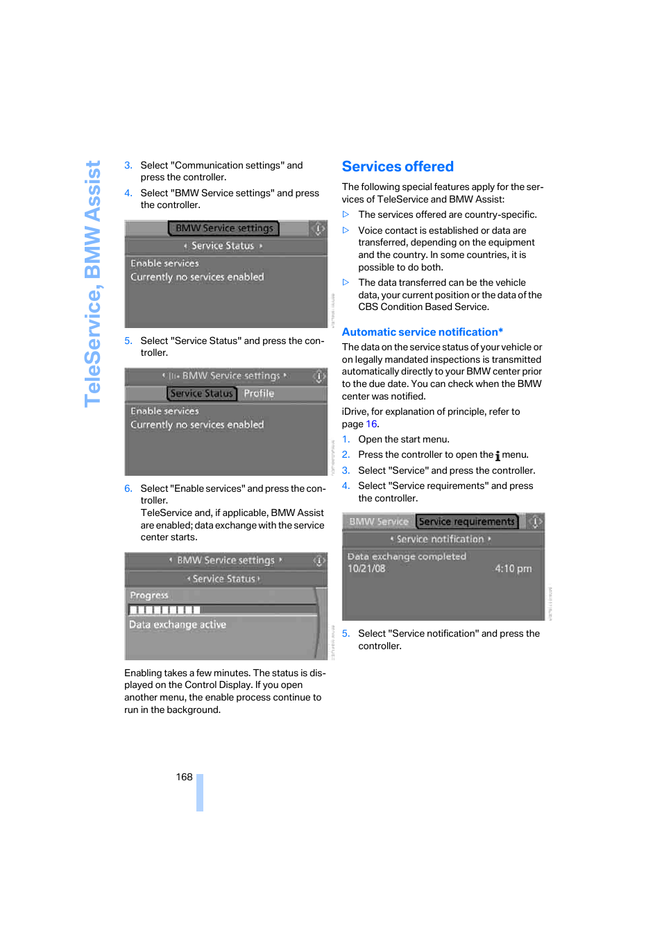 Services offered, Te leserv ice, bmw assis t | BMW M5 Sedan 2006 User Manual | Page 170 / 231