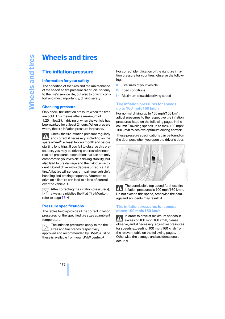 Wheels and tires, Tire inflation pressure, Wh eels and tire s | BMW M5 Sedan 2006 User Manual | Page 178 / 231