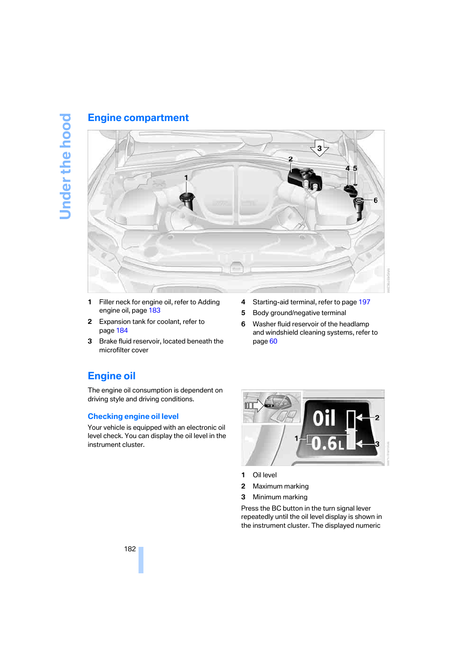 Engine compartment, Engine oil | BMW M5 Sedan 2006 User Manual | Page 184 / 231