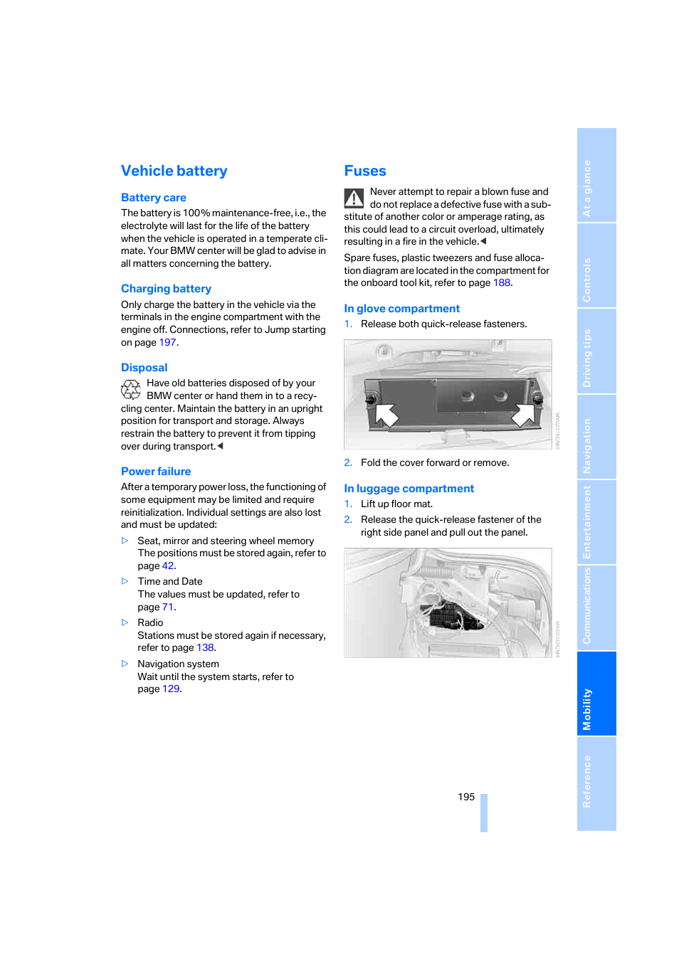 Vehicle battery, Fuses | BMW M5 Sedan 2006 User Manual | Page 197 / 231