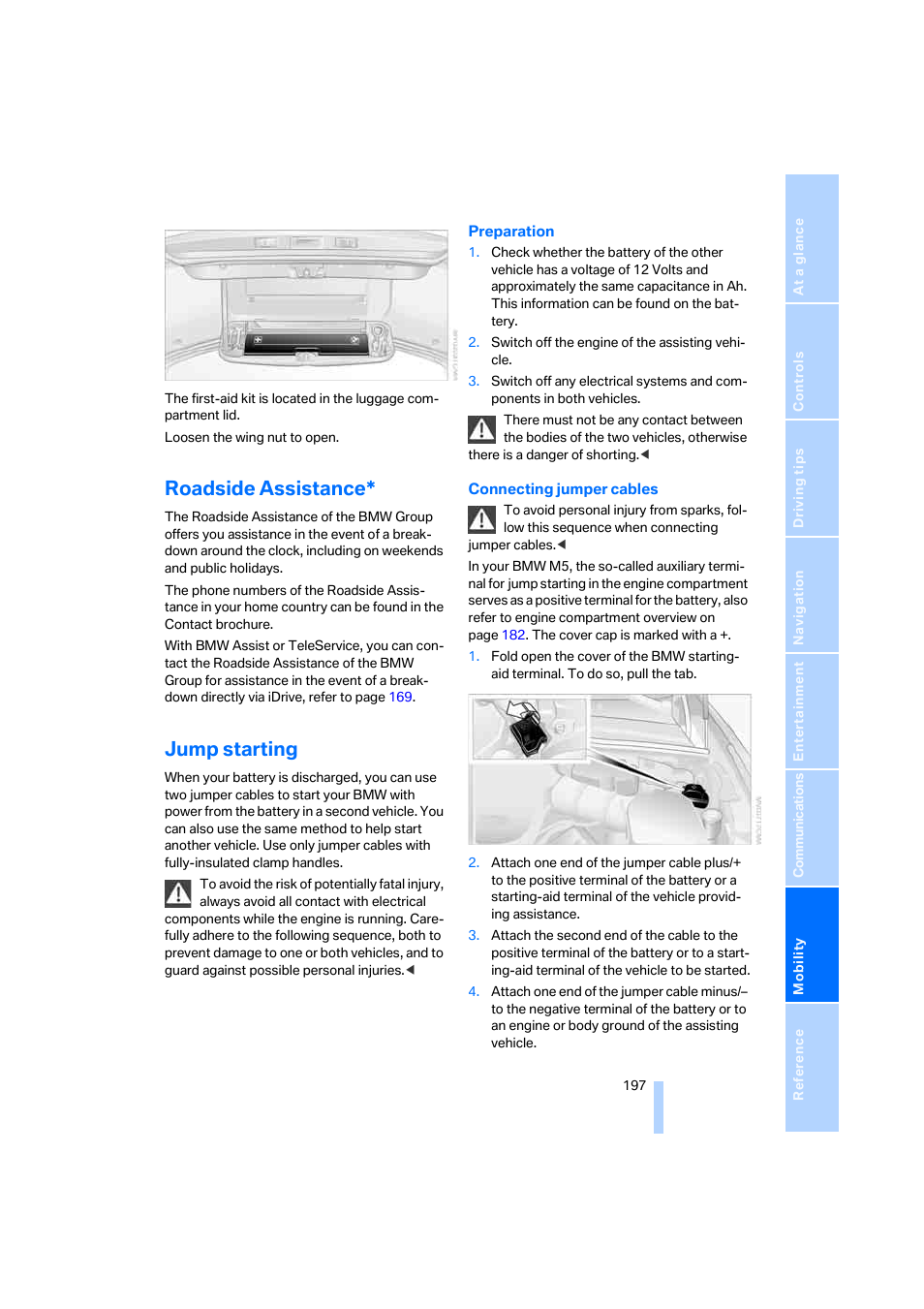 Roadside assistance, Jump starting | BMW M5 Sedan 2006 User Manual | Page 199 / 231