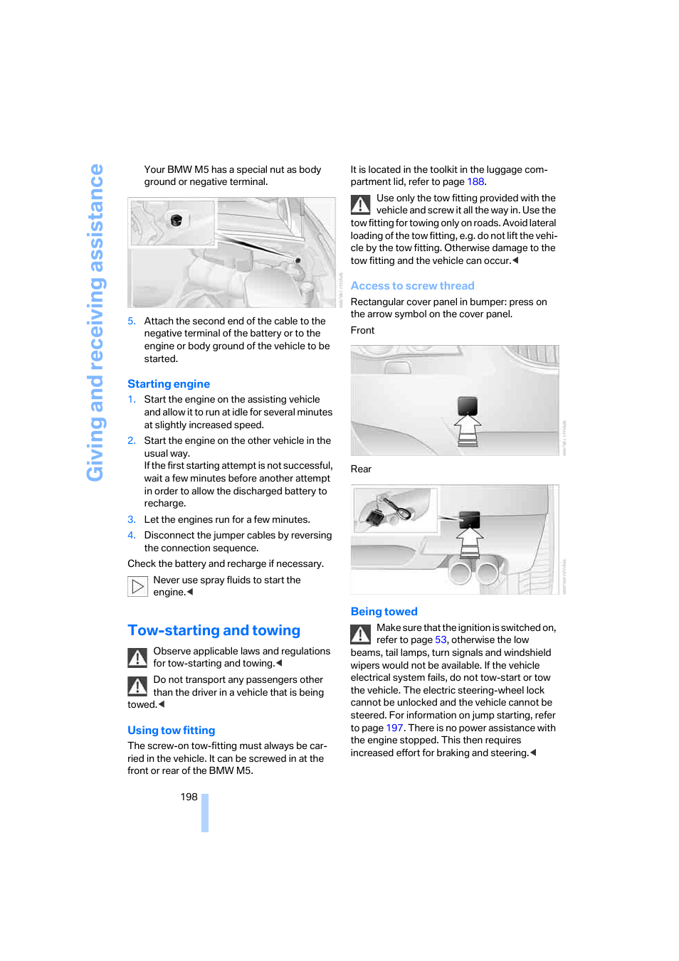 Tow-starting and towing, Giving and receiv ing as sistance | BMW M5 Sedan 2006 User Manual | Page 200 / 231