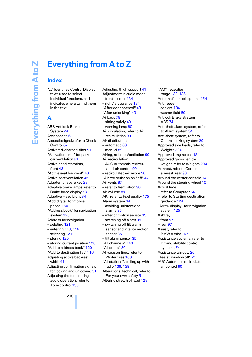 Everything from a to z, Index | BMW M5 Sedan 2006 User Manual | Page 212 / 231