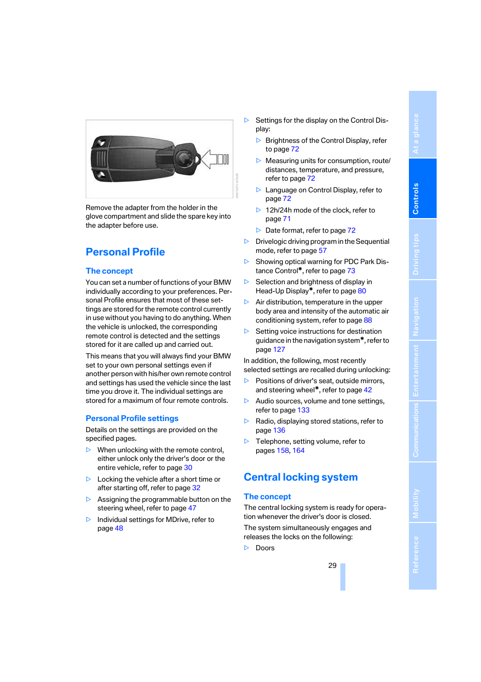 Personal profile, Central locking system | BMW M5 Sedan 2006 User Manual | Page 31 / 231