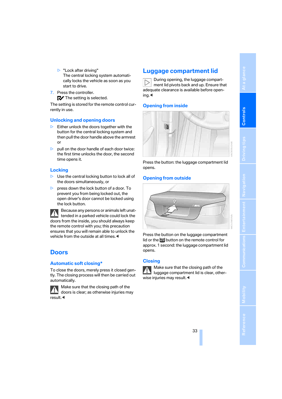 Doors, Luggage compartment lid | BMW M5 Sedan 2006 User Manual | Page 35 / 231