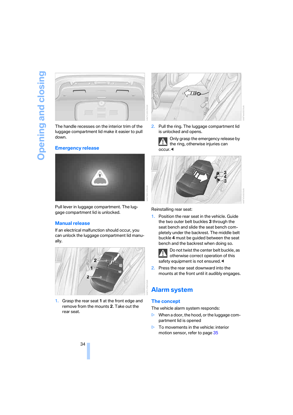 Alarm system, Opening and closing | BMW M5 Sedan 2006 User Manual | Page 36 / 231