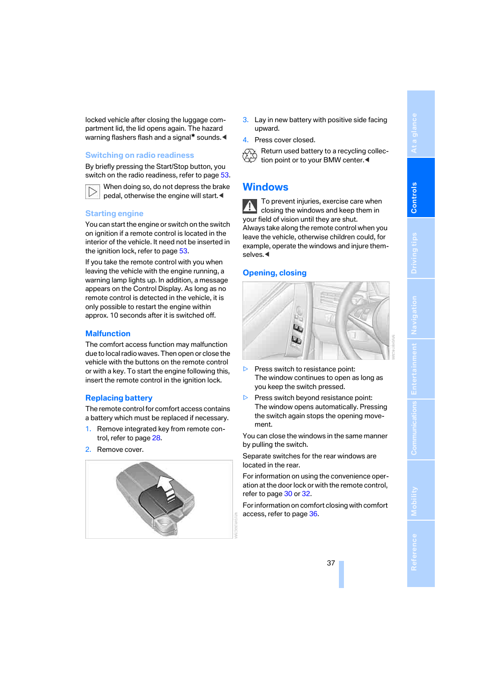 Windows | BMW M5 Sedan 2006 User Manual | Page 39 / 231