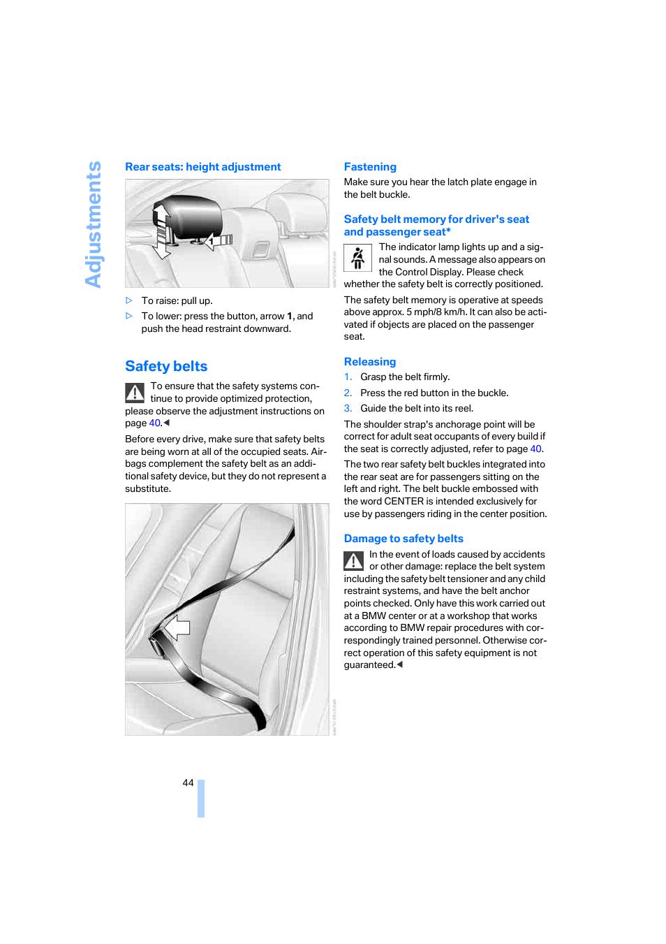 Safety belts, Adju stmen ts | BMW M5 Sedan 2006 User Manual | Page 46 / 231