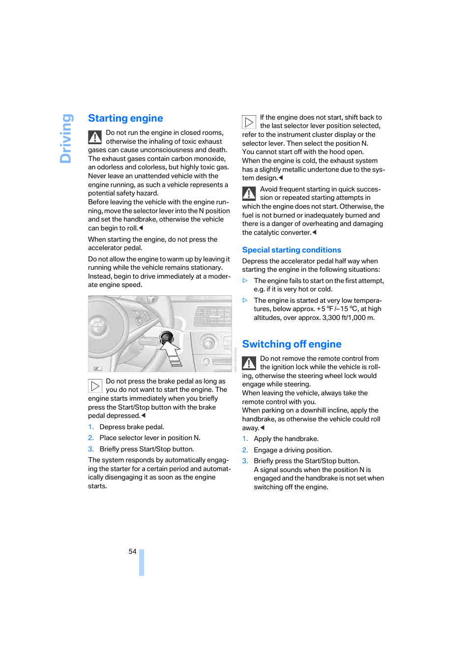 Starting engine, Switching off engine, Driving | BMW M5 Sedan 2006 User Manual | Page 56 / 231