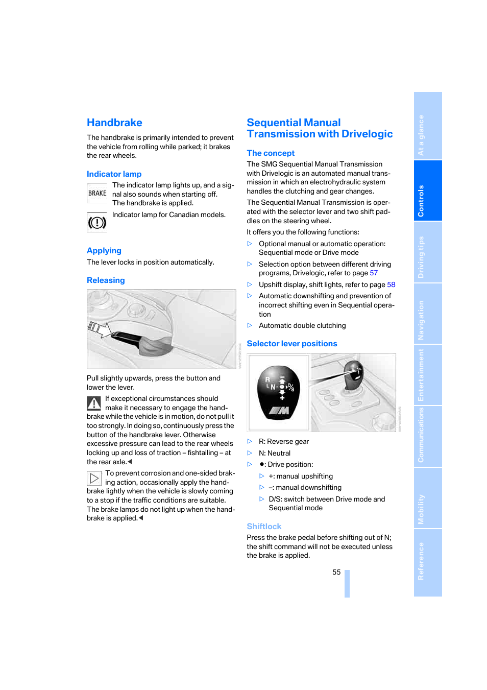 Handbrake, Sequential manual transmission with drivelogic | BMW M5 Sedan 2006 User Manual | Page 57 / 231