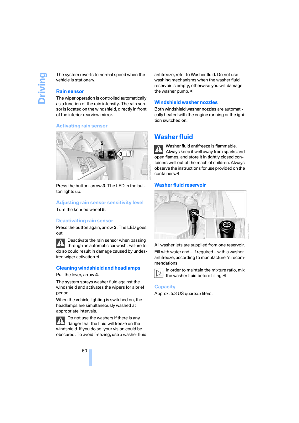 Washer fluid, Driving | BMW M5 Sedan 2006 User Manual | Page 62 / 231