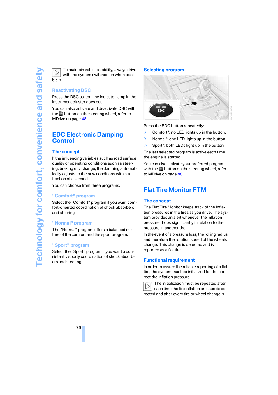 Edc electronic damping control, Flat tire monitor ftm | BMW M5 Sedan 2006 User Manual | Page 78 / 231