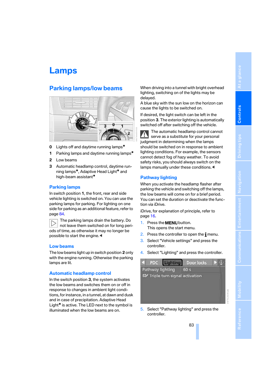 Lamps, Parking lamps/low beams | BMW M5 Sedan 2006 User Manual | Page 85 / 231