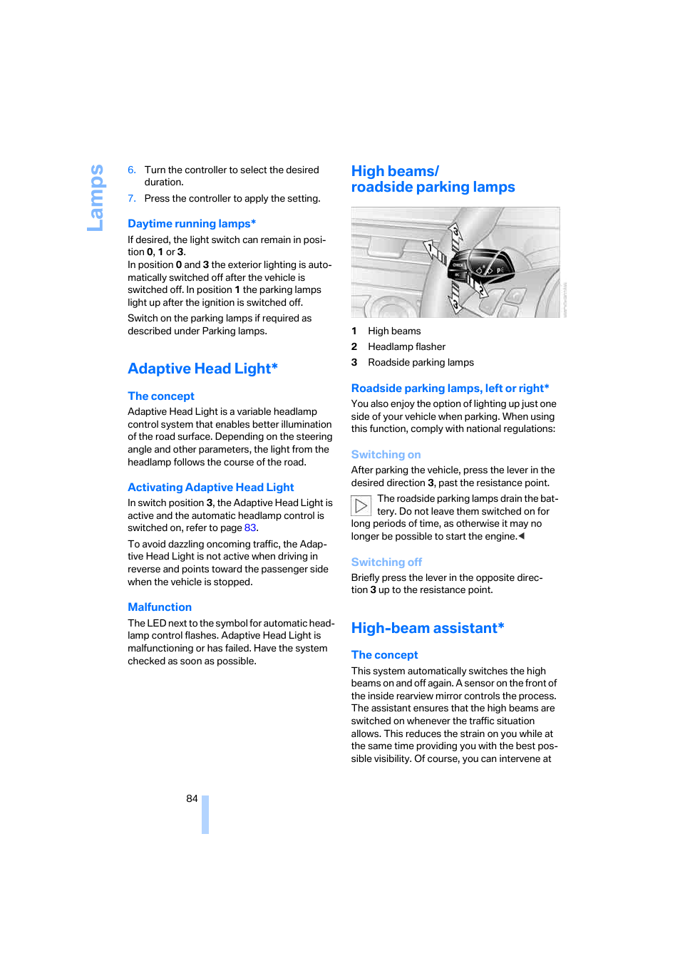 Adaptive head light, High beams/ roadside parking lamps, High-beam assistant | La mp s | BMW M5 Sedan 2006 User Manual | Page 86 / 231