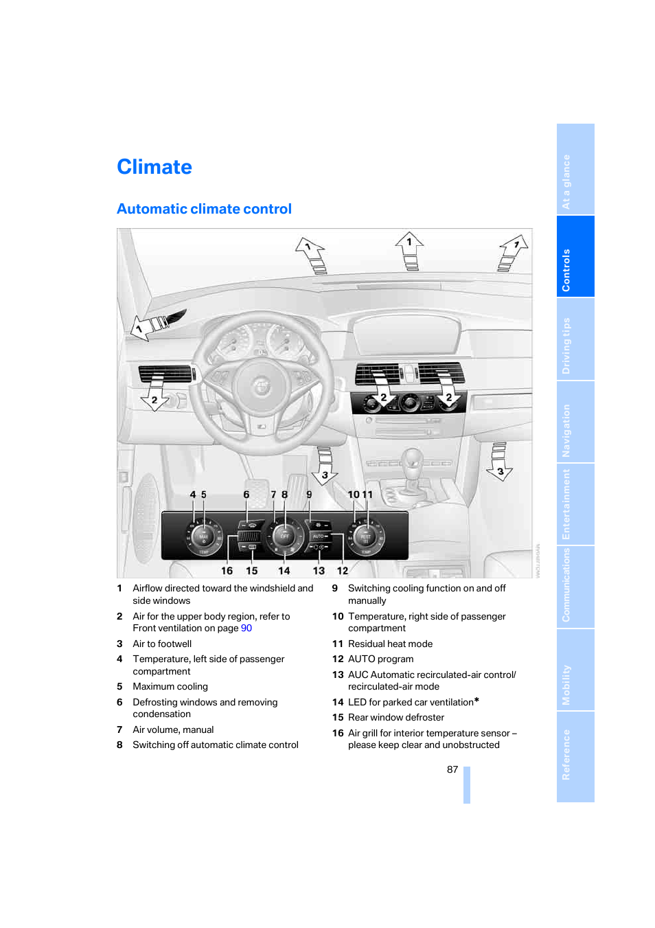 Climate, Automatic climate control | BMW M5 Sedan 2006 User Manual | Page 89 / 231