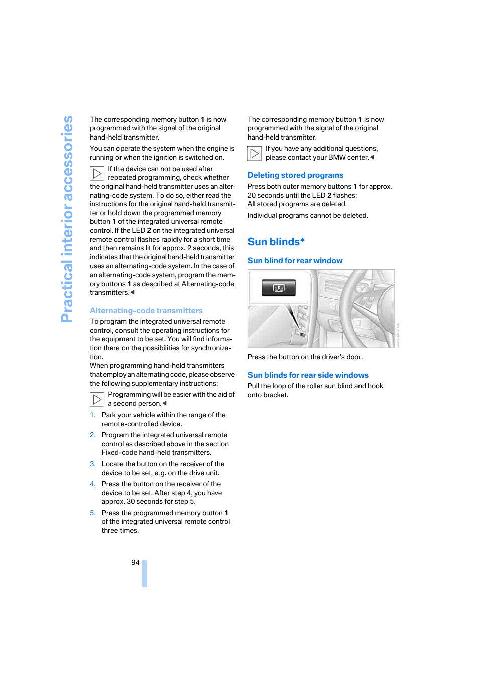 Sun blinds, Practical interi or acc ess orie s | BMW M5 Sedan 2006 User Manual | Page 96 / 231