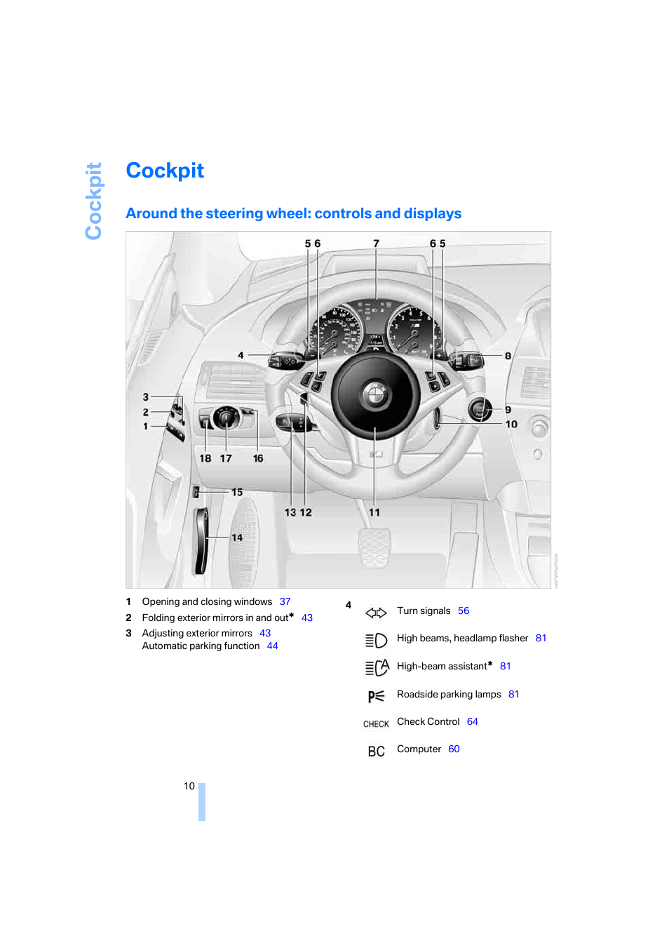 Cockpit, Around the steering wheel: controls and displays | BMW M6 Coupe 2006 User Manual | Page 12 / 227