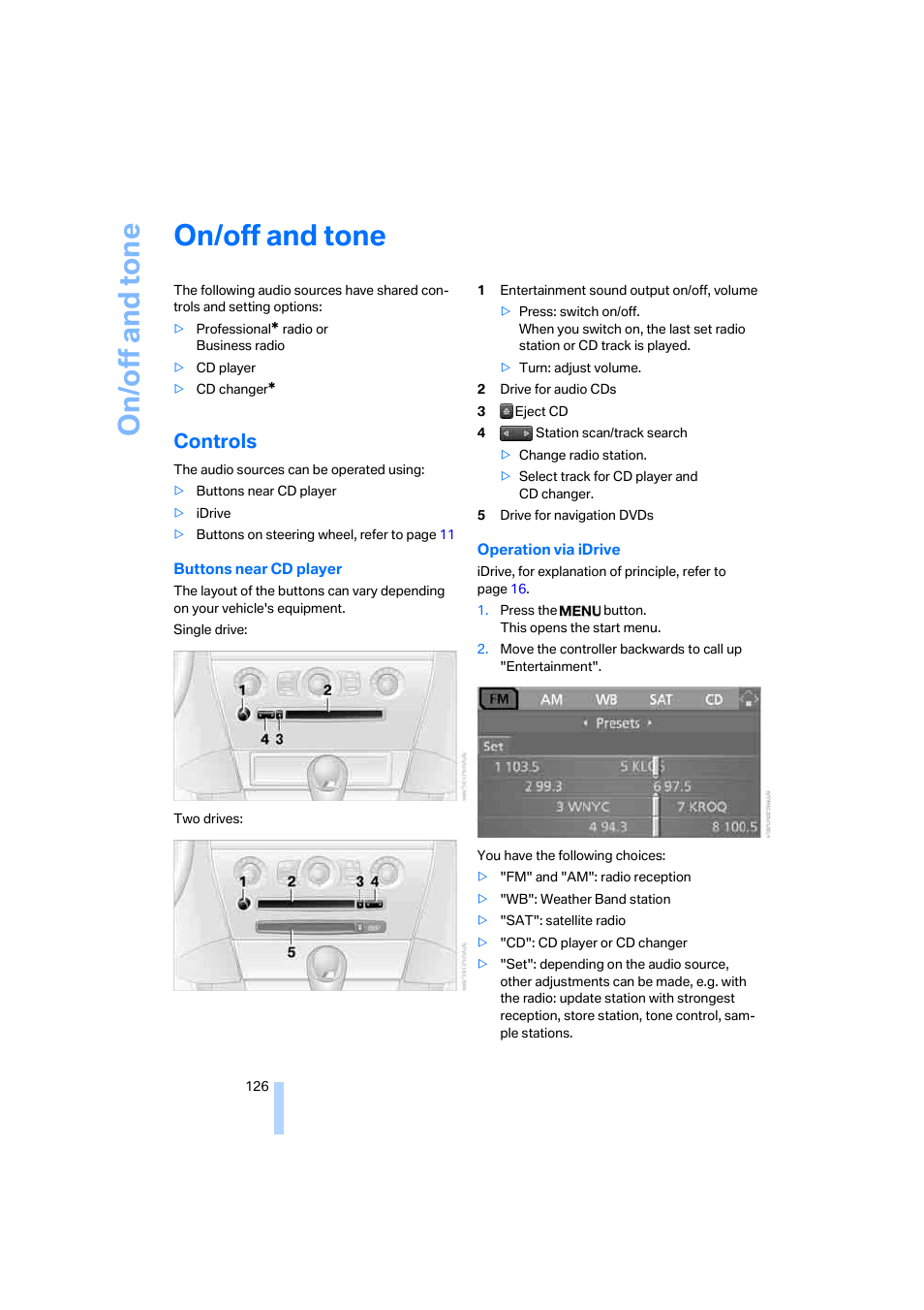 On/off and tone, Controls | BMW M6 Coupe 2006 User Manual | Page 128 / 227