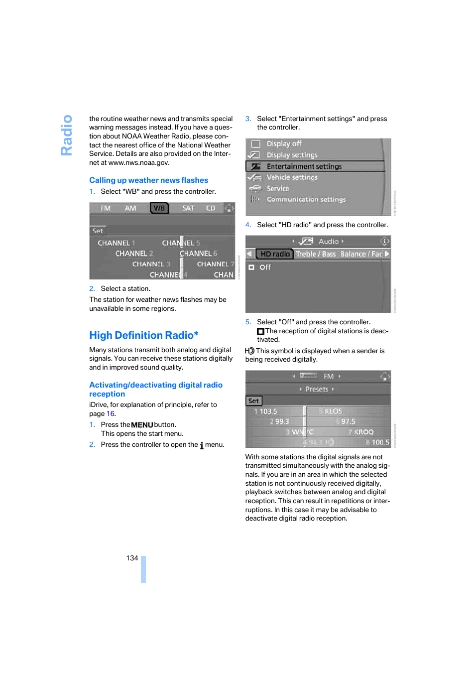 High definition radio, Ra di o | BMW M6 Coupe 2006 User Manual | Page 136 / 227