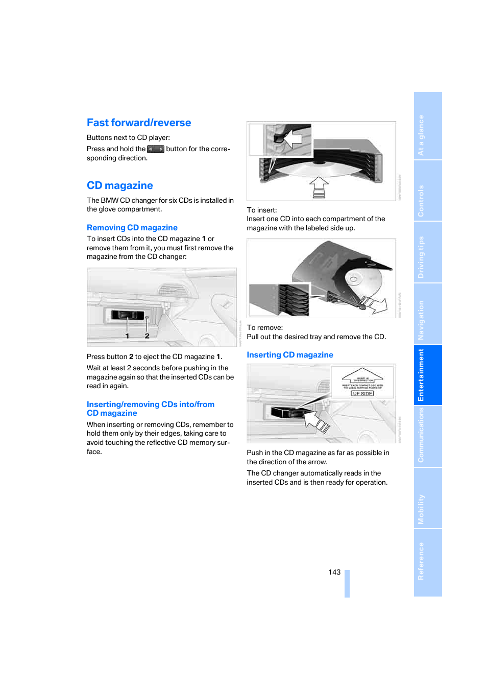 Fast forward/reverse, Cd magazine | BMW M6 Coupe 2006 User Manual | Page 145 / 227