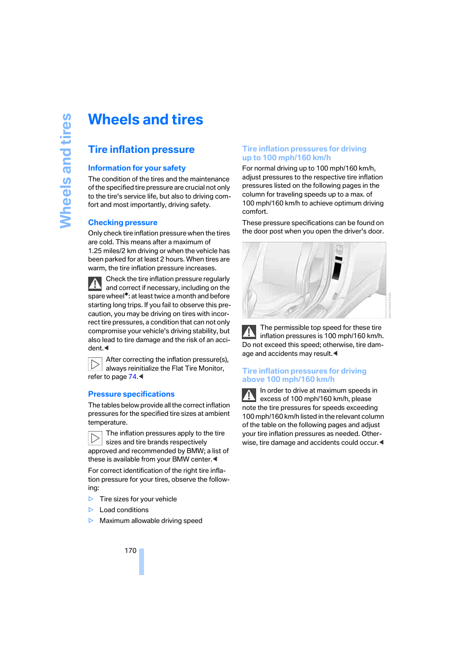 Wheels and tires, Tire inflation pressure, Wh eels and tire s | BMW M6 Coupe 2006 User Manual | Page 172 / 227