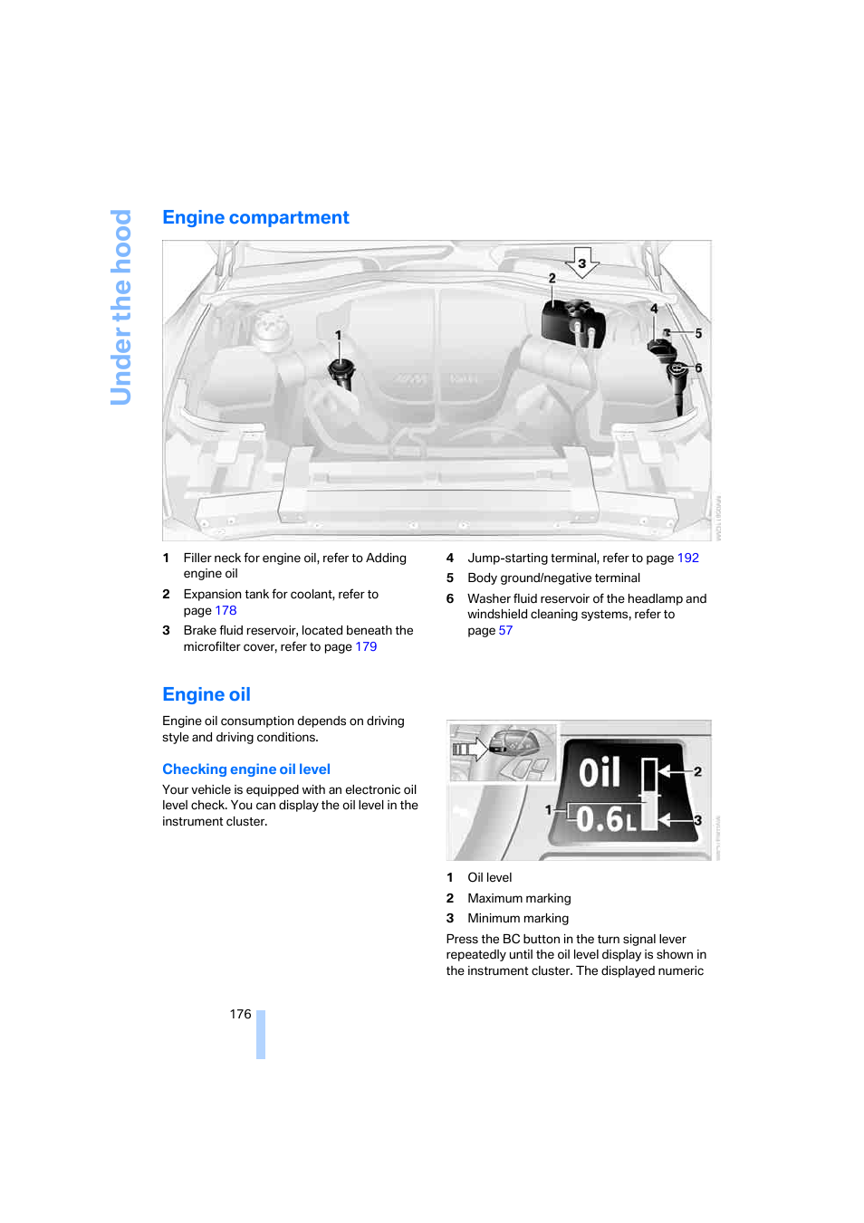 Engine compartment, Engine oil, Checking engine oil level | BMW M6 Coupe 2006 User Manual | Page 178 / 227